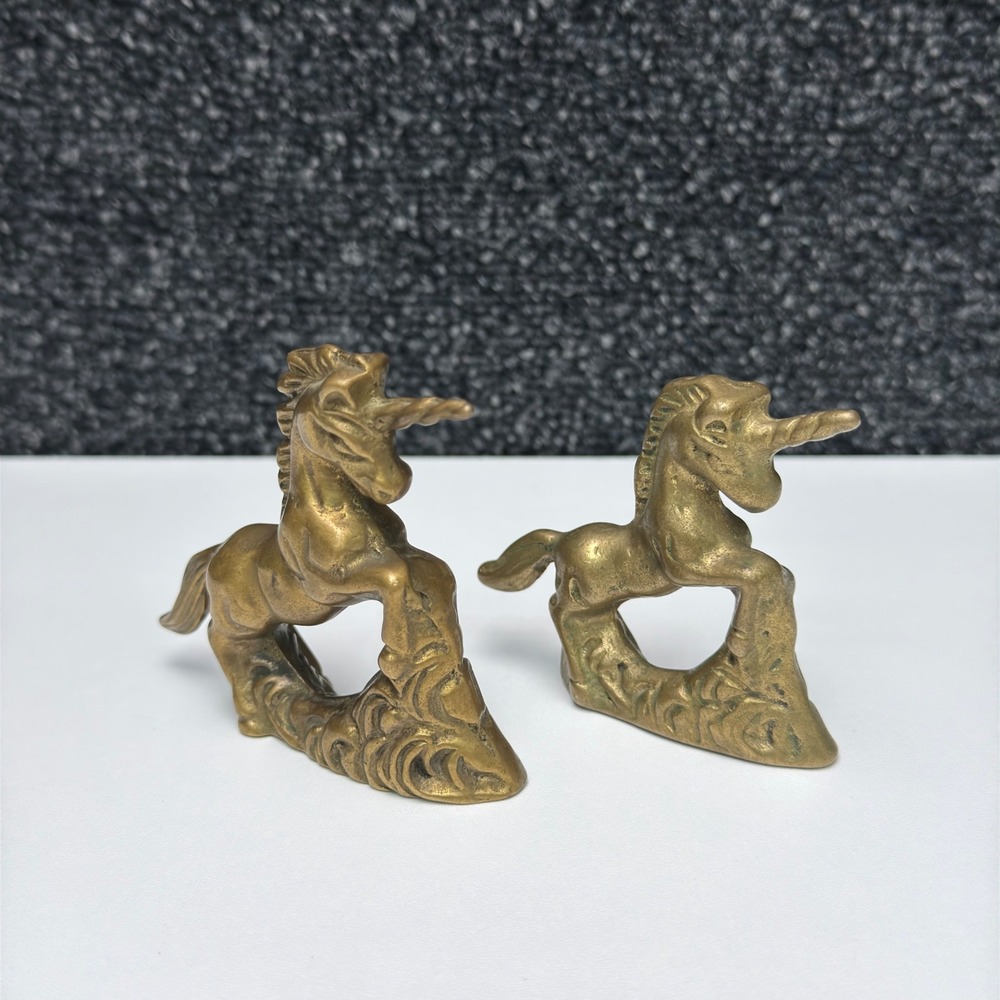 Vintage Solid Brass Unicorn Figurines Pair Rearing Mythical Fantasy Decor Set